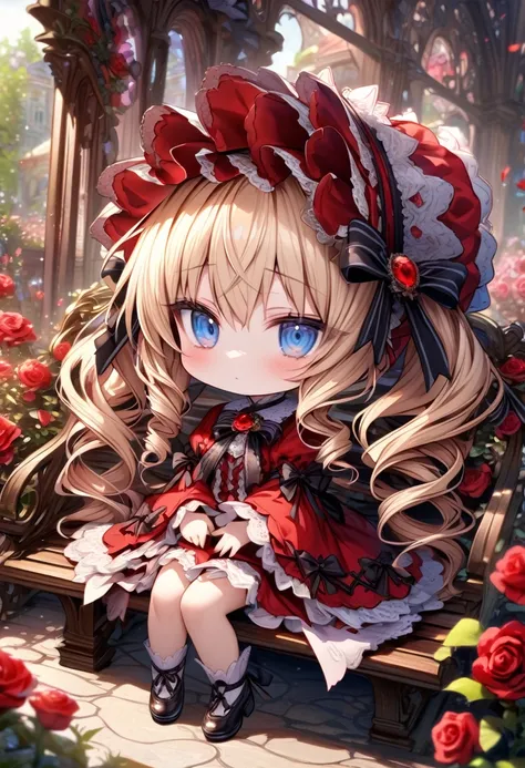 absurdres, highres, ultra detailed, HDR, master piece, best quality, Shinku chibi, Rozen Maiden, light blonde hair, kept in two twin tails tied at the back of her head, expressive blue eyes, wearing a red gown with a matching shawl and red bonnet as access...