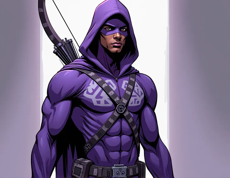 dan mora comic book illustration, hard lines, soft light, African teenage male in mostly purple spandex with grey symbols on it, wearing a matching hood pulled up to shade his eyes, mystical bow on back, no cloak, wearing matching domino mask