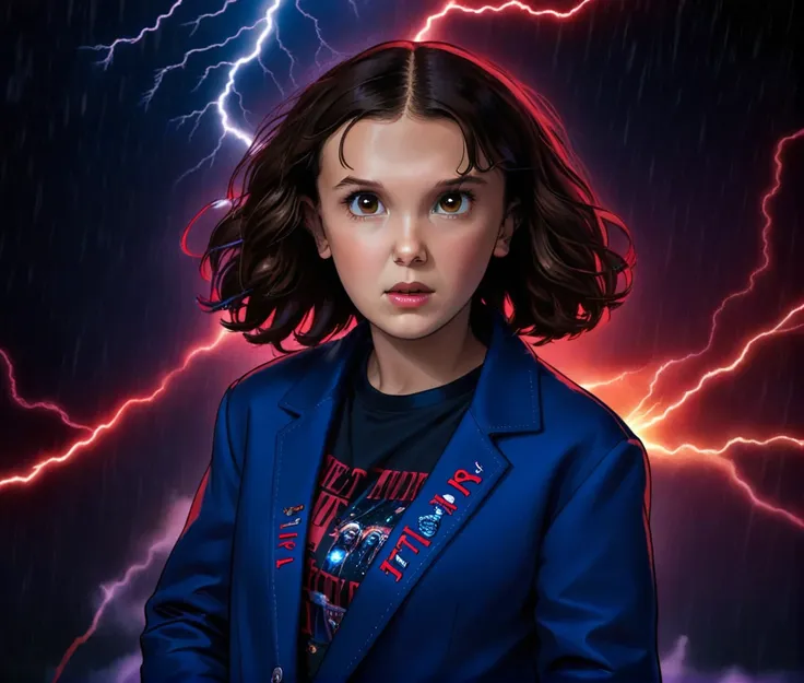 milli3 woman, millie bobby brown, 1 girl wearing blue jacket, netflix, stranger things eleven, in a dark with red lightning stor...