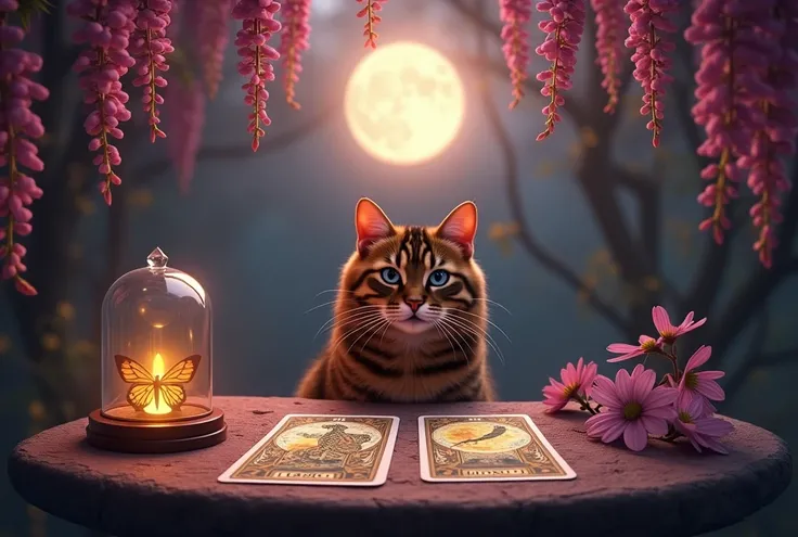 Table with tarot cards, brown striped cat, mystical moon, candle, dark pink Wisteria, crystals dome with buterfly in, realistic, 4k