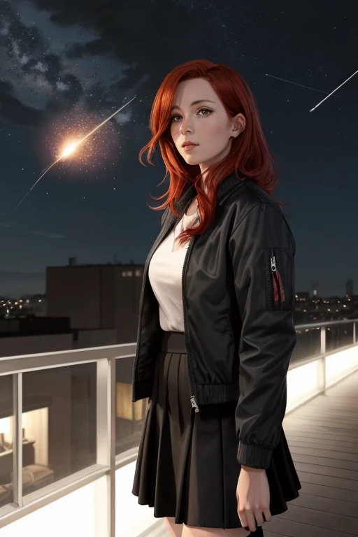 (Semi-realistic drawing style) on the terrace of a building a woman with red hair is wearing a black jacket and a short black skirt looking at the sky (at night)where a meteor is falling over the city and she just watches 