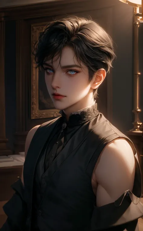 (masterpiece,best quality,ultra_detailed,highres,absurdres) (detailed shadow) (quality light),1 ((mature)) male, 30-ish, ((wide shoulder)), male focus, solo, short black hair (full bangs), silver eyes (detailed eyes), full body, short hair, looking at view...