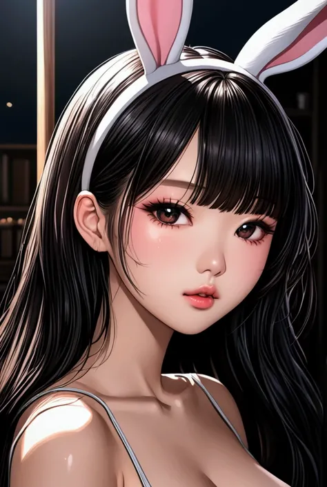 erotic young japanese models with slender curvy figures, bunny ears, 4k, ultra-detailed, vivid colors, dramatic lighting, intricate details, in a realistic illustration style with thin lines and black outlines, ulzzang, 
