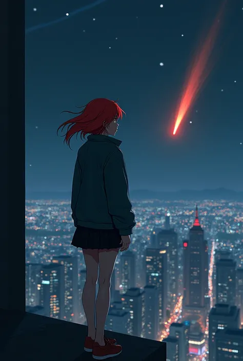 Create a woman (red hair jacket and short black skirt tired look) on the terrace of a building where she is looking at the night sky from which a meteor is falling on the city