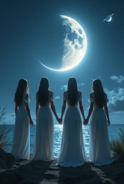 Create a sky image with a partial lunar eclipse, in the background the planet Saturn with its rings and Pluto. And four women. A woman holding the horns of Aries, a woman holding the Cancer crab, a woman holding the horns of Capricorn and a woman holding t...