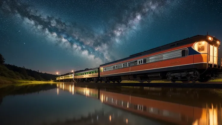 masterpiece, Animated train passing through water on the tracks, Bright starry sky. Romantic Train, Photo by Makoto Shinkai, irritating, Concept Art, Lofi Art style, reflection. by makoto shinkai, Lofi Art, Beautiful anime scene, Anime scenery, Detailed La...