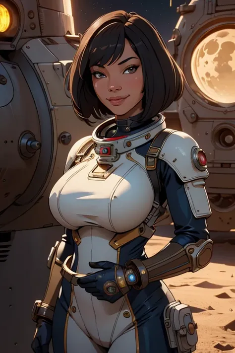 astronaut with bob haircut, detailed large breasts, steampunk astronaut outfit, intricate steampunk astronaut helm, warm smile, in lunar landscape, (best quality,4k,8k,highres,masterpiece:1.2),ultra-detailed,(realistic,photorealistic,photo-realistic:1.37),...