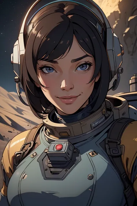 astronaut with bob haircut, detailed large breasts, steampunk astronaut outfit, intricate steampunk astronaut helm, warm smile, in lunar landscape, (best quality,4k,8k,highres,masterpiece:1.2),ultra-detailed,(realistic,photorealistic,photo-realistic:1.37),...