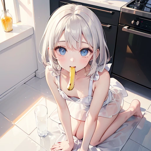 Beautiful girl drools banana in her mouth、Flat Chest、White liquid dripping onto the floor、Lean back on all fours、Naked Apron、See-through、(Looking into the camera、look up:1.5)、kitchen、Wide viewing angles、White liquid on thighs
