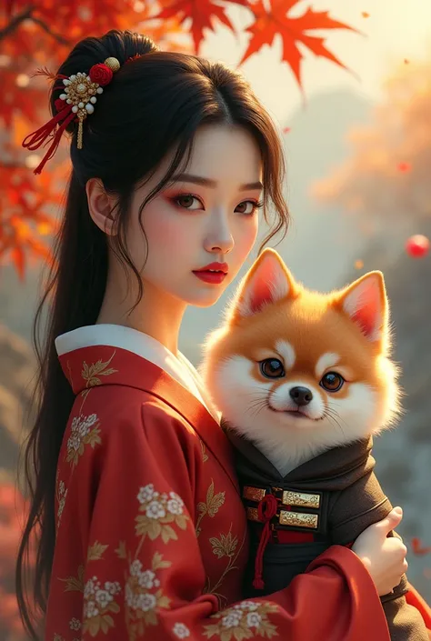 Beautiful Japanese woman like an actress　Cute Samued dog　Signs of autumn