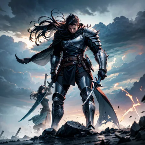 Two men are locked in a fierce battle, both holding weapons mid-strike as they clash. One man, tall with short, spiked hair, wields a gleaming sword in both hands, while the other, muscular with long flowing hair, brandishes a large axe. Sparks fly from th...