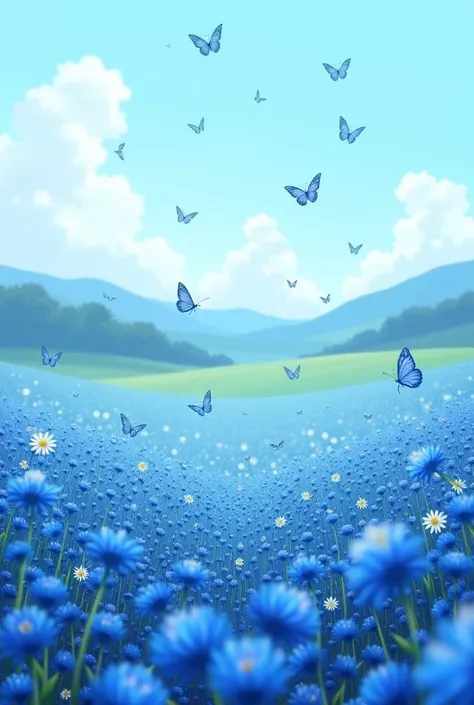 generates a large field of blue flowers with blue butterflies
