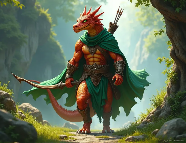 copper dragonborn ranger with a green cloak and bow