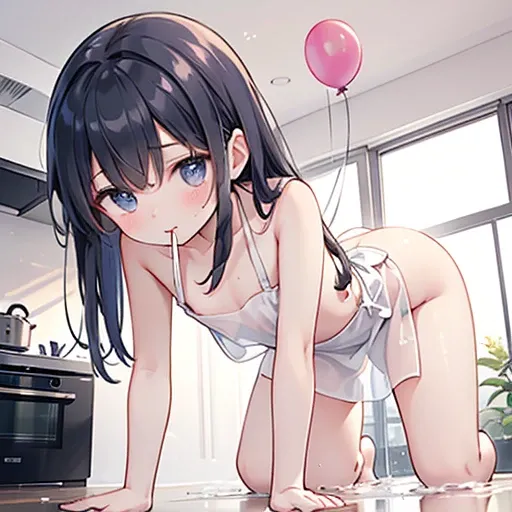 Beautiful girl dangles a broken balloon from her mouth、Flat Chest、White liquid dripping from the mouth、Lean back on all fours、Naked Apron、See-through、(Looking into the camera、Looking down:1.5)、kitchen、Wide viewing angles、White liquid on thighs、Straddle、(Re...