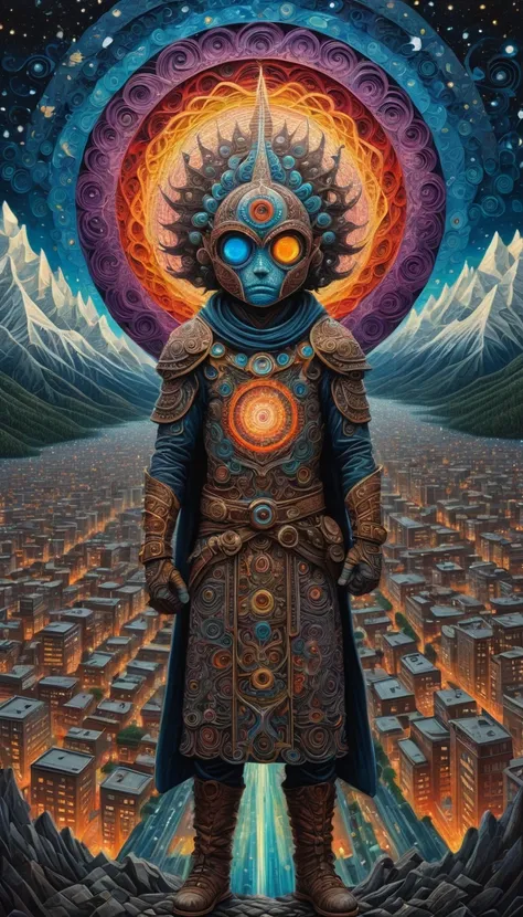 Intricate Warrior of heaven being, in heart, in city with tall building, mountain, swirly sky, cosmic sky, hypnotic, painting, metaphysical, quilled, mosaic, psychedelic art, super-detailed geometric patterns, symmetrical design, hypnotic effect, weird art...