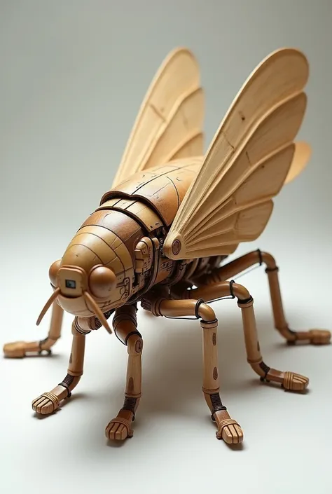 A meticulous fusion of a cicada and a futuristic aircraft, crafted entirely from balsa wood. The body has a sleek, polished wooden texture, replacing the insect’s natural exoskeleton with lightweight but sturdy balsa material. The wings are rigid and smoot...