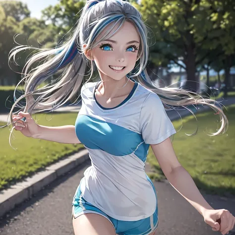 masterpiece, best quality, highres, 8k, (photorealistic:1.3), 
(Greige hair:1.2), (highlights:1.1), (blue streaks:1.3), (no pink streaks:1.5), braided bangs, high ponytail, 
turquoise blue eyes, 
(smiling brightly, running happily in a park:1.3), 
1, 
(wea...