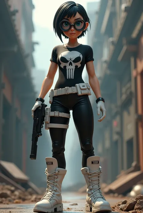 3D character, a very tall girl wearing a black commando attire, bodybuilder, very short black hair, blue eyes, cute big circular reflective eyes, big white gloves, white combat boots, white ammunition belt, black t-shirt with skull motif, skull logo on his...