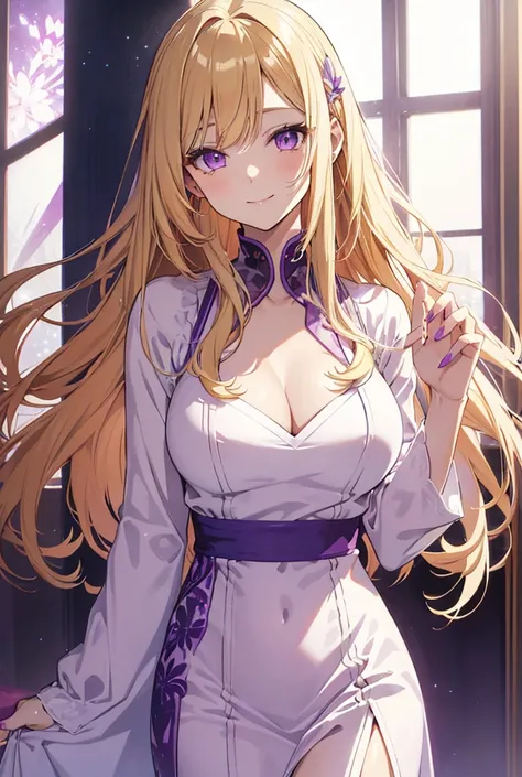 Anime style adult woman, long straight golden blonde hair purple clip on bangs, violet eyes, White Long Dress, happy face.