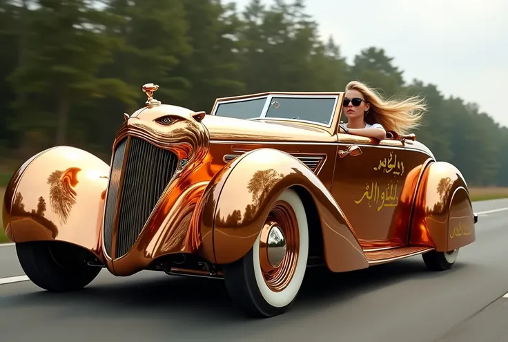 side view photo of 1937 delahaye 135 art deco hotrod convertible limousine, with a giant polished copper tiger head in place of the front radiator, replace the fenders with giant polished copper tiger claws as fenders, has shiny gold Arabic inscriptions on...