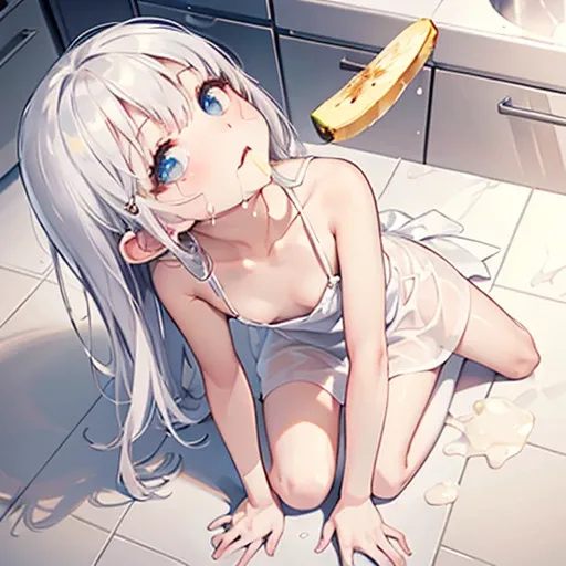 Beautiful girl drools banana in her mouth、Flat Chest、White liquid dripping onto the floor、Lean back on all fours、Naked Apron、See-through、(Looking into the camera、look up:1.5)、kitchen、Wide viewing angles、White liquid on thighs
