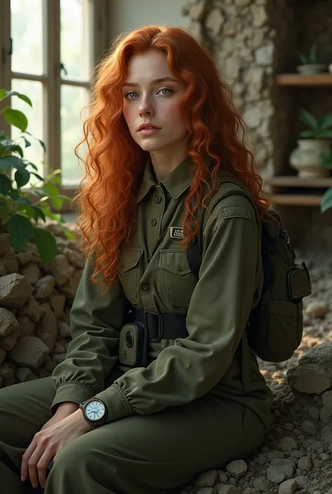 (photorealism:1.2), beautiful young woman, sitting on ruins , w eating military gear, long curly ginger hair, indoors, soft lighting, plants in background, window with sunlight, cozy room, relaxed pose, realistic, intricate details, warm colors, by Greg Ru...