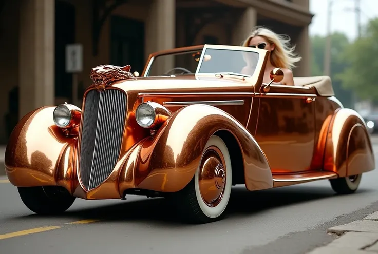 side view photo of 1937 delahaye 135 art deco hotrod convertible limousine, with a giant polished copper tiger head in place of the front radiator, replace the fenders with giant polished copper tiger claws as fenders,  there is a beautiful 20 year old gir...