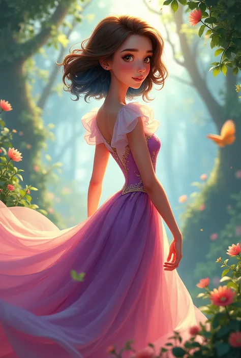 ((art animation 2D)) 20 year old woman, with short wavy brown hair with the tips dyed dark blue, Brown eyes, with good body, wearing rapunzel dress 