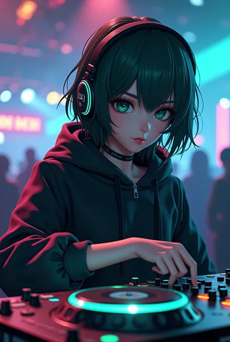 anime, deejaying girl, dj, dj girl, headphones, rave, (highest picture quality),masterpiece,best quality,extremely detailed CG wallpaper, ultra_detailed,(Cinematic Lighting:1.1), (cold face), green eyes, 1girl, solo, dark-green_hair, short_hair, masterpiec...