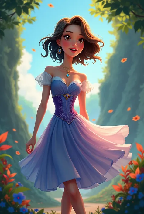 ((art animation 2D)) 20 year old woman, with short wavy brown hair with the tips dyed dark blue, Brown eyes, with good body, wearing rapunzel dress 