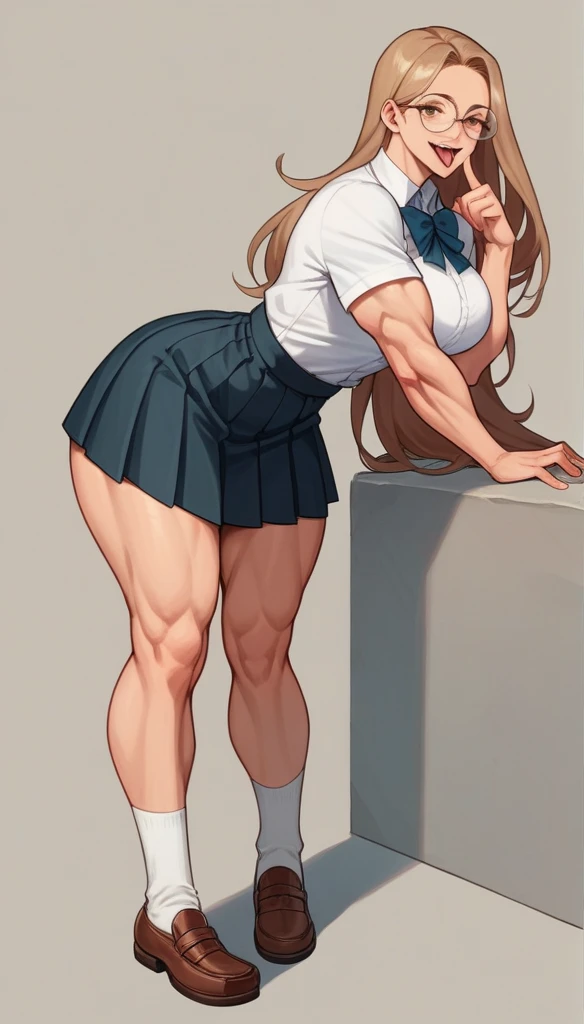 1girl, Brown Luscious Hair, Iridescent Eyes, Glasses, Light Brown Skin, Big Breasts, Big Hips, Big Ass, Athletic, Slender, Muscular, Female Japanese School Uniform, White Snickers, Long Hair, Looking at viewer, Leaning Forward, A Finger To Her Eye, Her Ton...