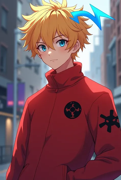 Anime style character with blond hair with a blue lightning bolt-shaped strand wearing a red sweater, male gender 