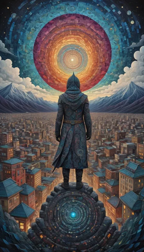 Intricate Warrior of heaven being, in heart, in city with tall building, mountain, swirly sky, cosmic sky, hypnotic, painting, metaphysical, quilled, mosaic, psychedelic art, super-detailed geometric patterns, symmetrical design, hypnotic effect, weird art...