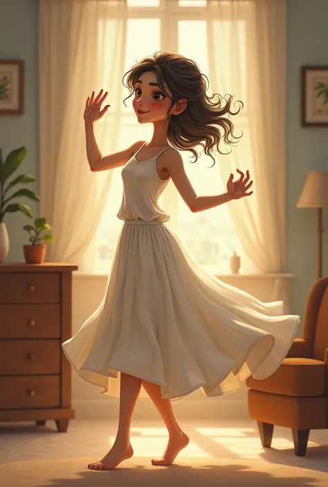 a one woman( em cartoon) 40 years old who appears fragile and weak, dancing while listening to music in your room