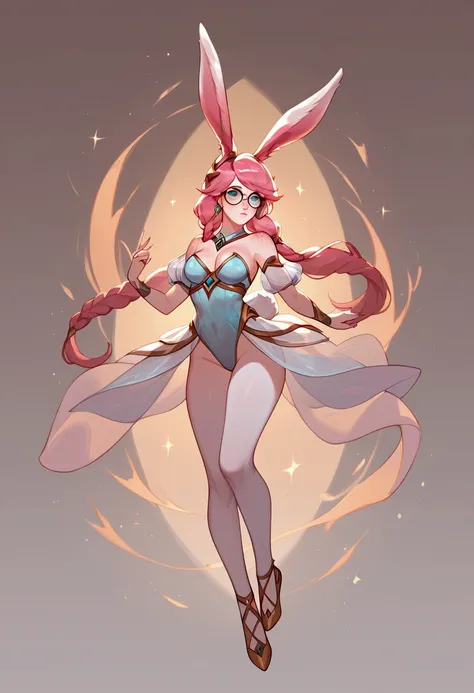 score_9, score_8_up, score_7_up, Aurora (league of legends), 1 girl, light pink hair, round glasses, freckles, bunny ears, sexy, full body, earrings, long eyelashes, sexy, big bust, beautiful face, dressed as a ballet dancer