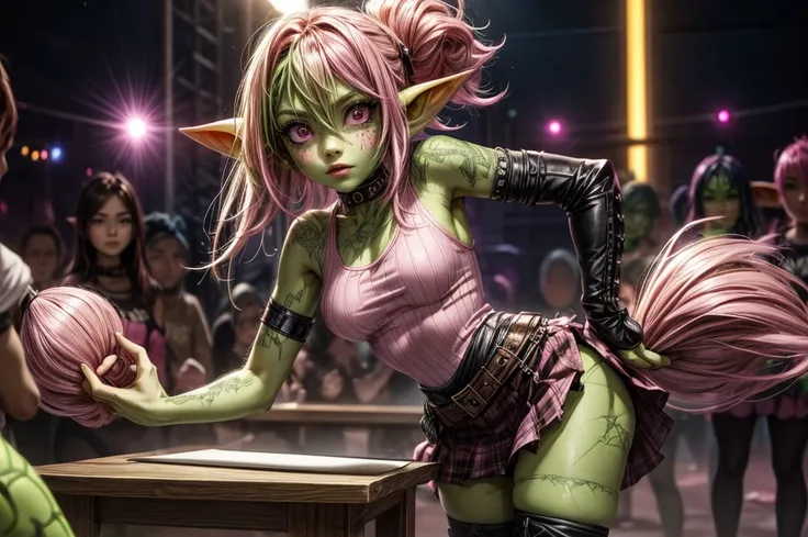 absurd resolution, ((best quality)), ((masterpiece)), (very detailed), 4k, goblin girl, hardcore punk rocker, pink hair, brown eyes, pink tank top, wearing microskirt, wearing chains, pink eye makeup, ripped fishnets, ((green skin)), small pointy ears, thi...