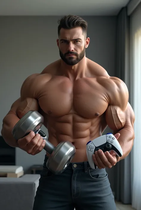 Make me picture body builder hold one hand  dumbbell
 and another hand hold gaming controller of ps5