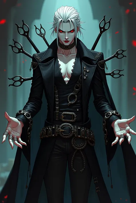 Create an anime style image of a human vampire character in black and fancy clothes held by belts and with scissors spread out by his arms
