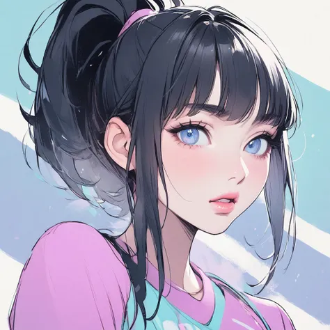 Girl, black hair, blue eyes, beautiful, cheerleader, pastel colors, face close-up, flat, ponytail, lipgloss, hot, confident, baddie, bitch, bangs, cheeky