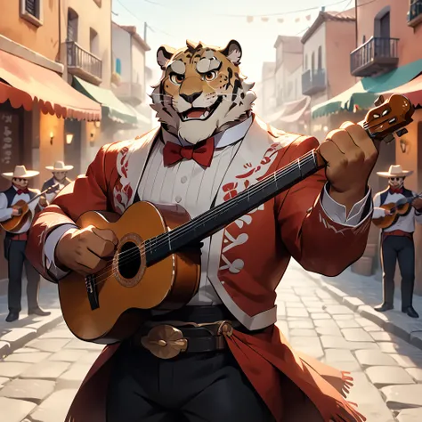 dynamic angle, dynamic pose, mariachi, plump middle-aged mexican jaguar man, musical performance, happy, light smile, standing, brown eyes, beautiful beard, male face, big face, square jawline, male eyes, sharp eyes, big eyes, male eyebrows, innocent look,...