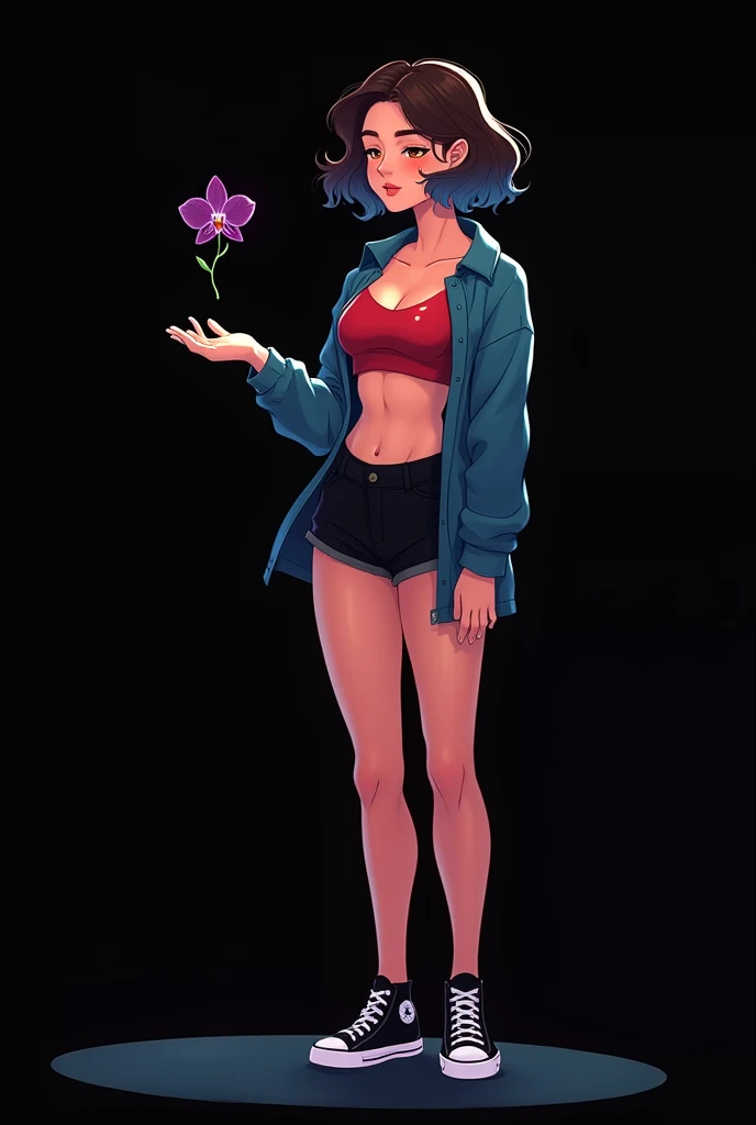 ((art animation 2D)) 20 year old woman, with short wavy brown hair with the tips dyed dark blue, Brown eyes, with good body, wearing a red top, a black shorts, a denim jacket and black converse, with eyes closed, with a black orchid flower levitating in he...