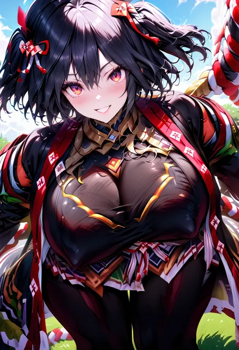 ((((Kitasan Black))))、(Uma Musume),(super Gigantic Huge Breast),(blue sky)、(Turf)、(((Red and black tight clothing)))、(Run)、(Smiling with teeth showing)、{{{Browsing Caution}}}、{{{masterpiece}}}, {{{Highest quality}}}, {{ultra-detailed}}, {{shape}}, {{{Very ...