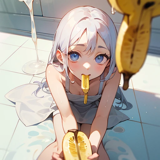 Beautiful girl drools banana in her mouth、Flat Chest、White liquid dripping onto the floor、Lean back on all fours、Naked Apron、See-through、(Looking into the camera、look up:1.5)、kitchen、Wide viewing angles、White liquid on thighs
