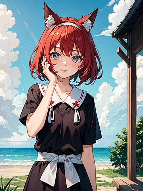 Ghibli style, Kiki (majo no takkyuubin), One girl,, bangs, Iris, Black Hair, black shirt, blush,  hair band,  hair 弓, hair band,  Outdoor, red 弓, red hair band, shirt, short hair, alone, sunlight, Upper Body, Happy ,A masterpiece of blue sky and white clou...