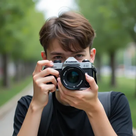 high school student,Handsome,Real,Im holding a camera,photographer,High resolution, masterpiece, Highest quality, Winner of numerous awards, High-resolution model, Ultra high definition, Very detailed, The camera can&#39;t see your face,Brown Hair,Short Ha...