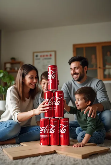 make a realistic photo of a family playing stacking coca cola cans, In the living room, Theyre happy, vertical photo.
