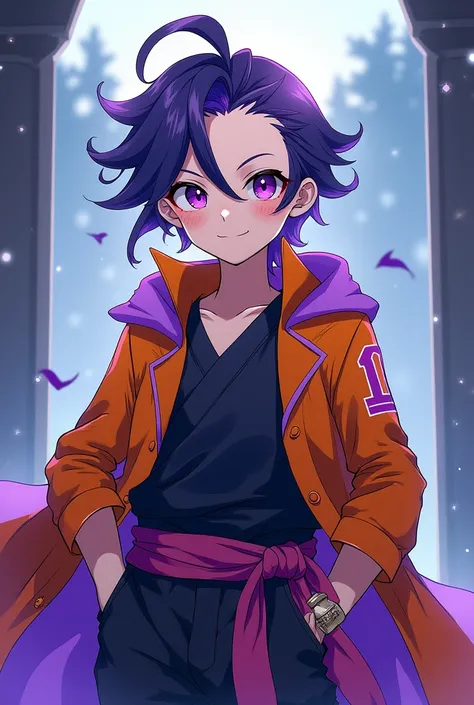 New male character from kimetsu no yaiba, that is nice, with orange clothes with dark blue and light purple hair,  in the drawing style of kimetsu no yaiba

