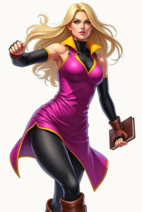 Make a blonde woman with long hair,  fuchsia sleeveless dress with yellow trim collar, black stockings, black long sleeve t-shirt, long brown leather boots and a book in hand in attack position 