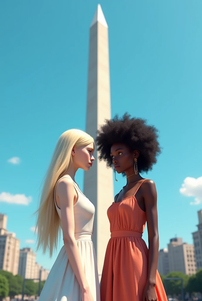 Two girls at the obelisk in Buenos Aires. One with very white skin and straight hair and another with black skin and curly hair
