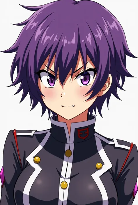 anime styling,  with short purple hair, Boku no hero in uniform, serious almost angry expression